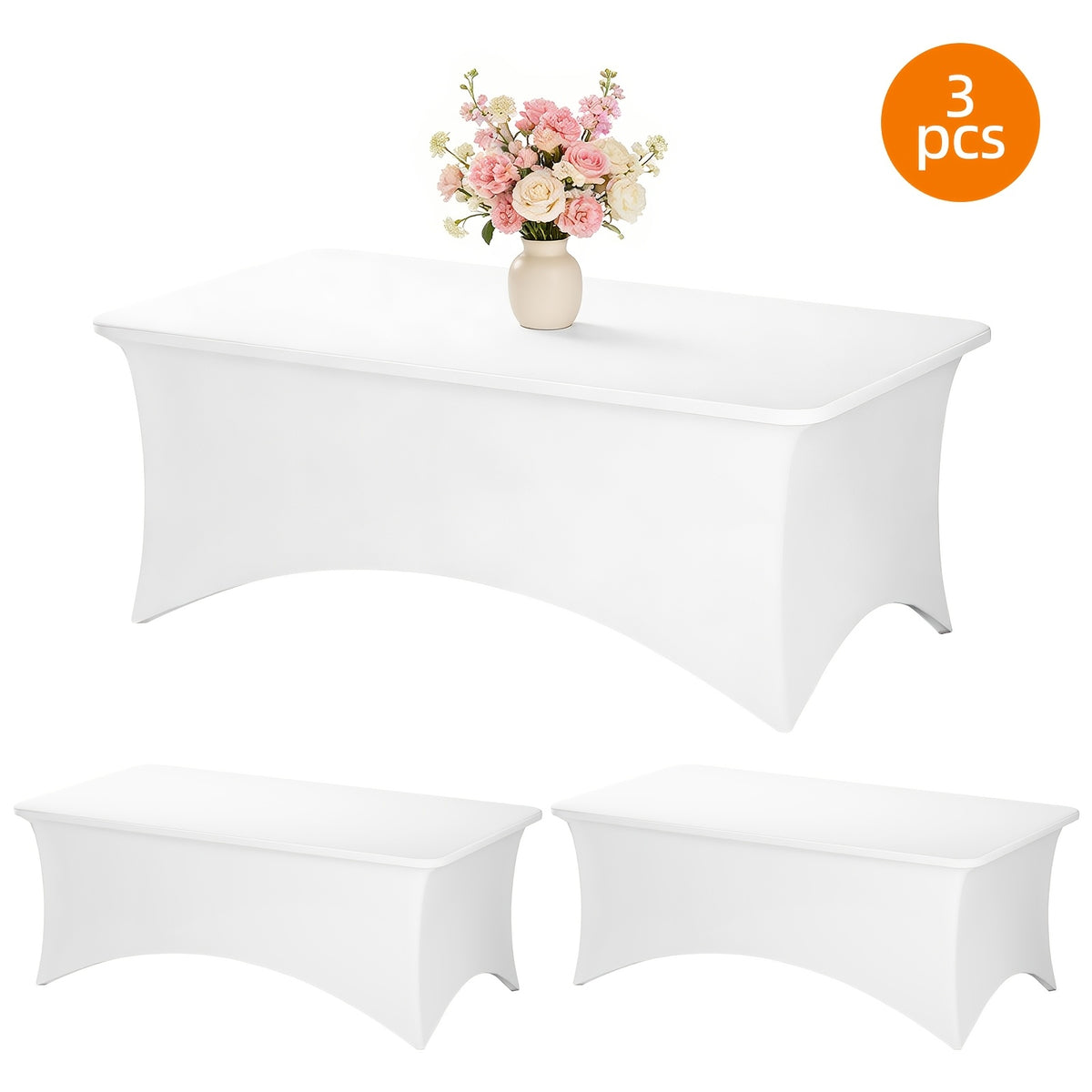 Stretch Spandex Tablecloth 2 or 3 Pack 4ft 6ft 8ft – Wrinkle-Resistant Fitted Rectangle Table Cover Black White for Wedding Banquet Trade Show Graduation Party Bridal Shower