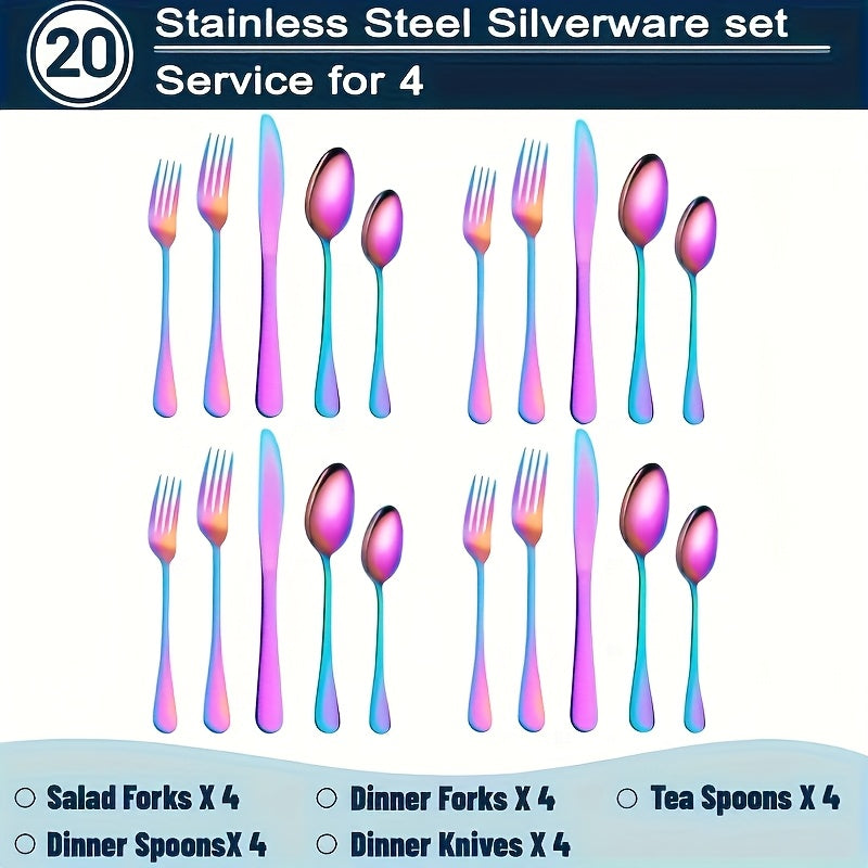 Rainbow Flatware Set Stainless Steel 20 or 60 Piece, Colorful Iridescent Cutlery Set Dishwasher Safe Rust-Resistant, Silverware Set for Home Wedding Restaurant Dining, Forks Knives Spoons