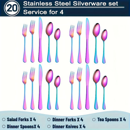 Rainbow Flatware Set Stainless Steel 20 or 60 Piece, Colorful Iridescent Cutlery Set Dishwasher Safe Rust-Resistant, Silverware Set for Home Wedding Restaurant Dining, Forks Knives Spoons