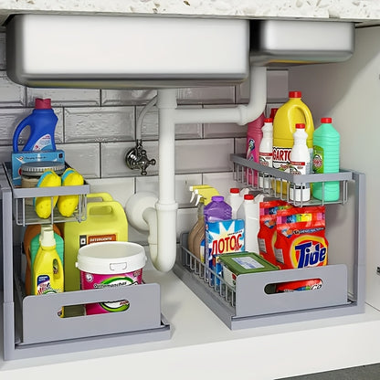 Under Sink Organizer Pull Out 2-Tier – Slide Out Cabinet Shelf for Kitchen & Bathroom, Under Sink Storage with Adjustable Shelves, Black White Grey, 1 or 2 Pack