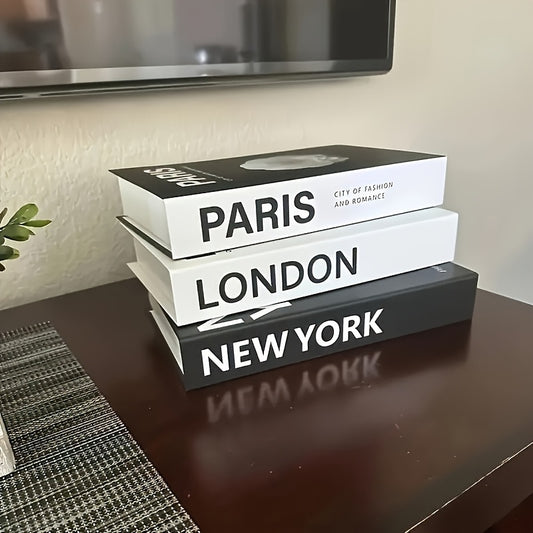Decorative Faux Books Set of 3 - Modern Fake Books for Home Decor, Living Room Shelf Styling, Coffee Table, Bedroom & Office, Parisian & New York City Theme, Minimalist Bookshelf Decor Accessories