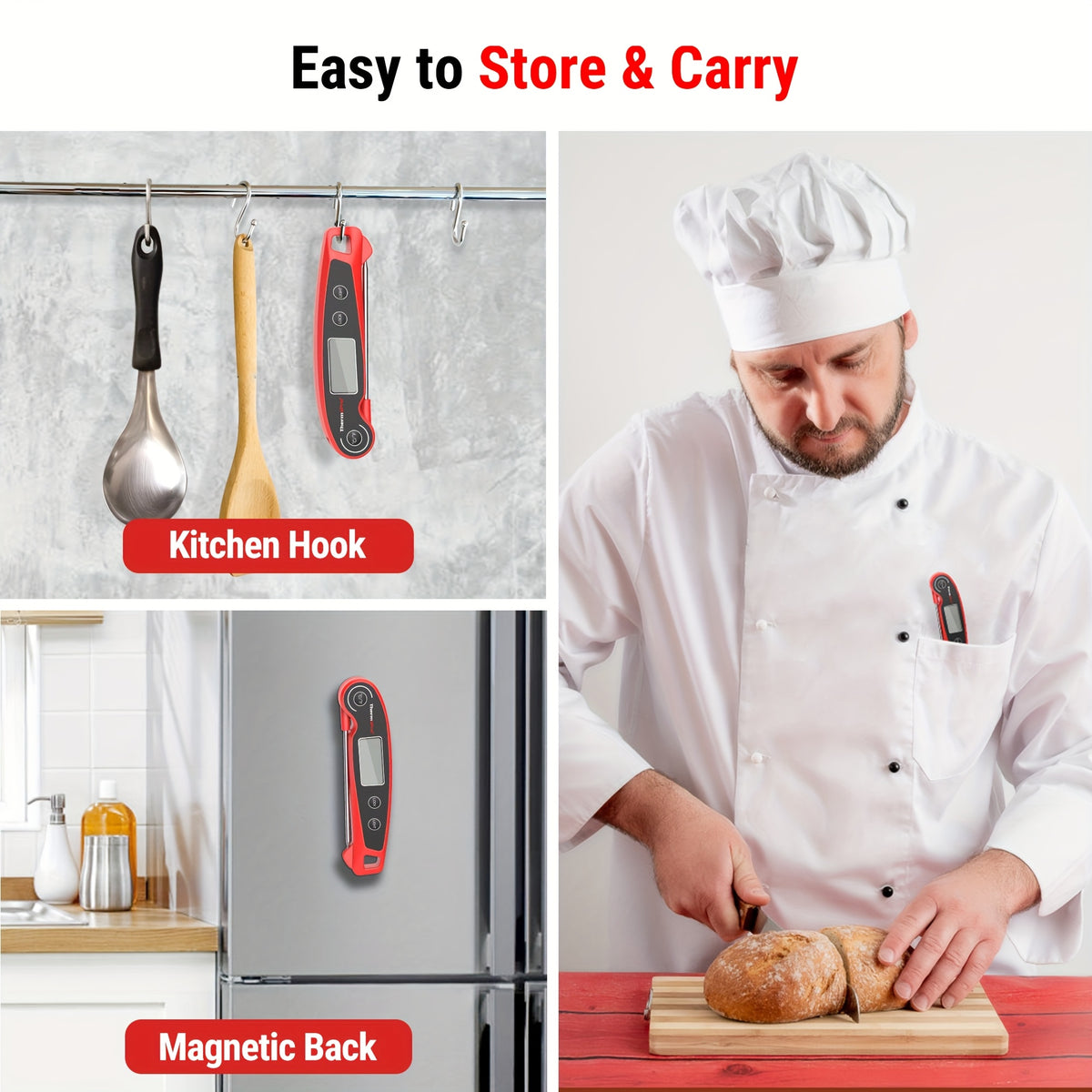 Instant Read Meat Thermometer Digital Food Thermometer with Foldable Probe Motion Sensing Fast 2-3 Second Read – Kitchen BBQ Grill Smoker Oil Candy Thermometer with Magnet LCD Display Red