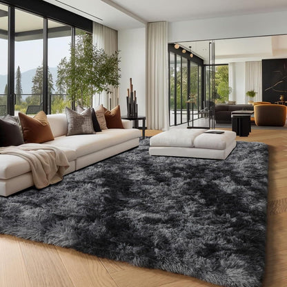 Machine Washable Shaggy Area Rug 650GSM Thick Plush – Soft Fluffy Carpet for Living Room Bedroom Playroom, Jacquard Tie-Dye & Solid Colors, 5x8 6x9 8x10 Ft, Black Grey White Pink Blue