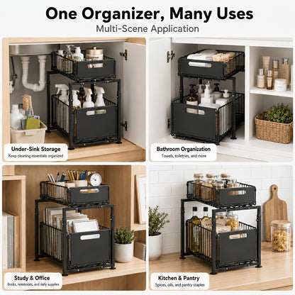 Under Sink Organizer 2-Tier Pull Out Cabinet Shelf with Adjustable Height, Sturdy Carbon Steel Under Sink Storage Rack for Kitchen Bathroom Pantry Cabinet Organization, Space Saving Sliding Drawer