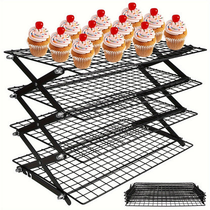Foldable Cooling Rack Stackable Baking Wire Rack, Collapsible Metal Drying Rack with Adjustable Multi-Tier Design for Baking, Roasting, Grilling & Camping – 3-Tier, 4-Tier or 6-Tier Set