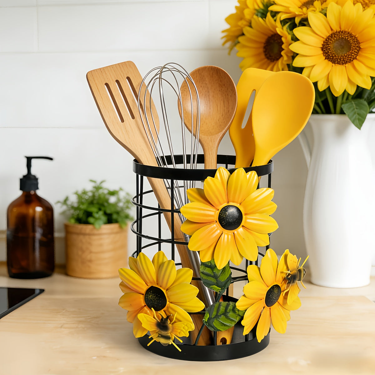 Sunflower Flatware Storage Basket Kitchen Countertop Organizer, Open Utensil Holder Caddy for Silverware Spoons Forks Knives, Farmhouse Kitchen Decor Storage & Organization
