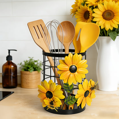 Sunflower Flatware Storage Basket Kitchen Countertop Organizer, Open Utensil Holder Caddy for Silverware Spoons Forks Knives, Farmhouse Kitchen Decor Storage & Organization