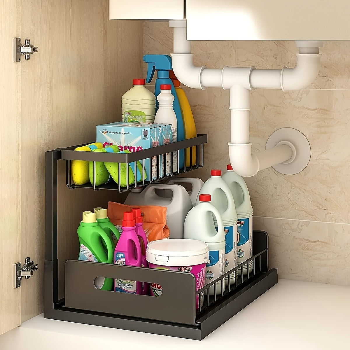 Metal Sliding Pull-Out Cabinet Rack for Under Sink Kitchen Bathroom – Slide-Out Drawer Organizer for Refrigerator Cabinet Storage, Easy Install, Black & White, 1 or 2 Pack