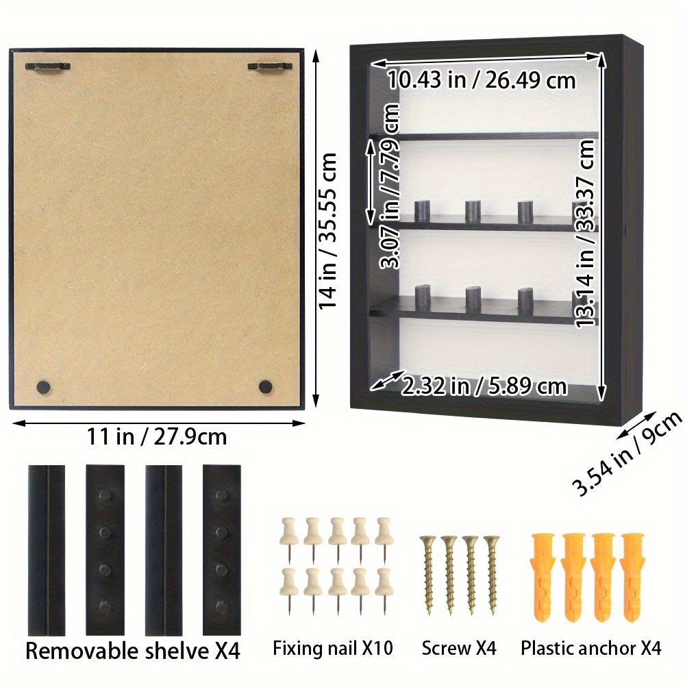 Shadow Box Display Case 11x14 with 4 Removable Shelves & Linen Back - Large Memory Box for Medals, Coins, Rings, Flowers, Photos, Pin Collections, Wall Hanging Frame, Black White Brown