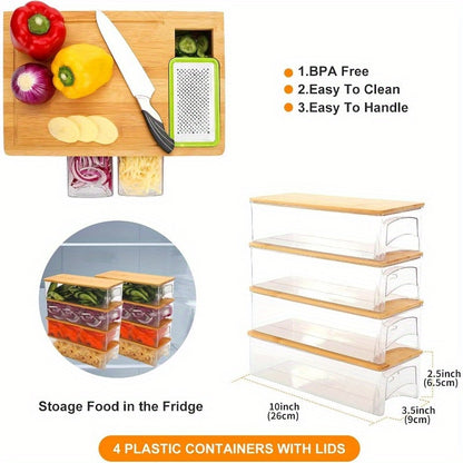 Bamboo Cutting Board with Trays and Drawers, Large Chopping Board with Food Sliding Opening and Stackable Airtight Containers for Food Storage Transport and Cleanup, Kitchen Gift for Home Cooks
