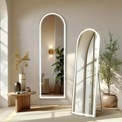 Full Length Mirror Floor Standing with LED Lights – Arched & Rectangle Aluminum Frame Dressing Mirror for Bedroom & Living Room, Black Gold White, 16x59 / 21x64 / 26x71 Inch
