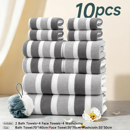 Microfiber Towel Set – Ultra-Soft No Lint Two-Color Striped Bath Towels, Super Absorbent Five-Star Hotel Standard, Available in 1, 3 & 10 Piece Sets for Bathroom, Beach, Gym & Spa