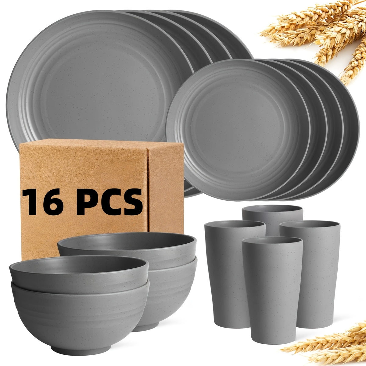 Wheat Straw Dish Set for 4 or 8 – 16 or 32 Piece Unbreakable Dinnerware Set with Dinner Plate, Dessert Plate, Cereal Bowl & Cup, Dishwasher Safe Lightweight Tableware for Camping, Everyday Use & Gifts