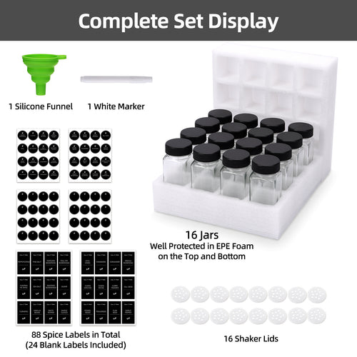 Glass Spice Jars Set with Labels and Shaker Lids, 4oz Square Airtight Seasoning Bottles with Collapsible Funnel Brush and Marker, BPA-Free Kitchen Spice Organizer for Rack Drawer Cabinet, 16/24/36/48 Pack