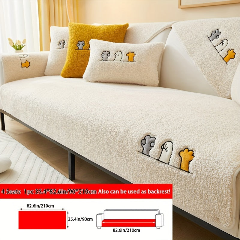 Sofa Cover Plush Shearling Non-Slip Pet-Friendly – Thick Couch Protector with Animal Bone Embroidery for 2 3 4 Seater, Soft Warm Slipcover for Living Room Bedroom Office in Dark Gray Off White Coffee Black