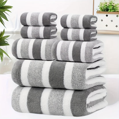Bath Towel Set 8 Piece - Super Absorbent Soft Two-Color Striped Bathroom Towels, 2 Bath Towels 2 Face Towels 4 Hand Towels, No Hair Loss, Grey Red Blue Green