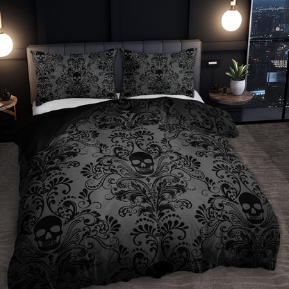Skull Duvet Cover Set Queen King Twin Full – Gothic Victorian Baroque Black White Halloween Bedding 3-Piece Set with 2 Pillowcases, High Definition Print, Soft Microfiber