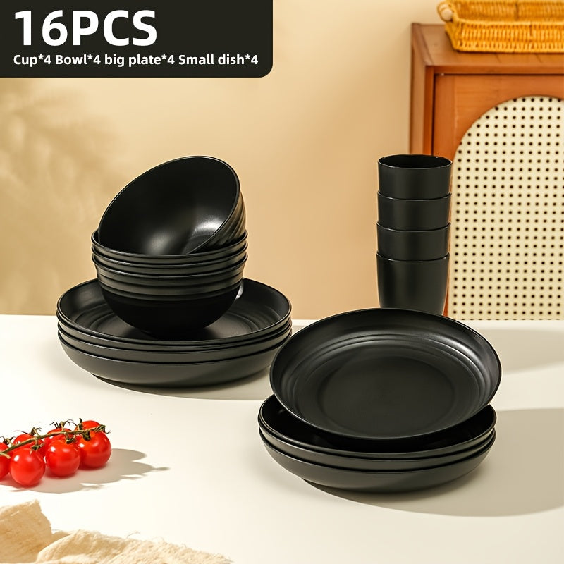 Wheat Straw Dinnerware Set 16/32 Piece, Unbreakable Plastic Plates Bowls Cups for Camping Outdoor Picnic, BPA-Free Lightweight Tableware for 4/8 People, Dishwasher Safe Kitchen Dining Set Black Colorful