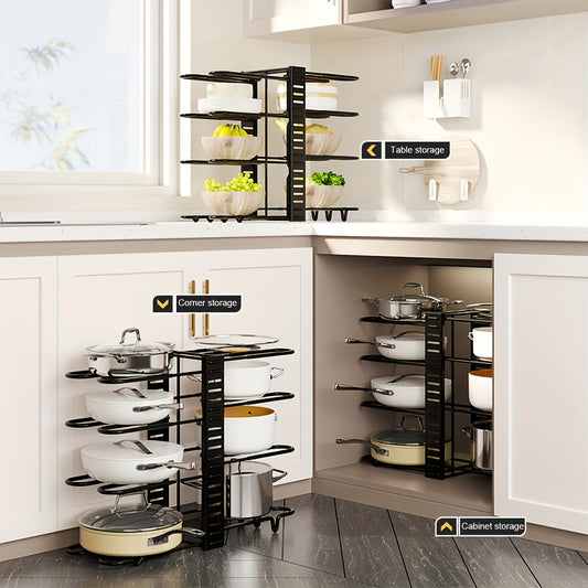 8-Tier Pot and Pan Organizer with Lid Rack – Kitchen Cabinet Cookware Storage Rack for Pots, Pans, Lids and Utensils, Space Saving Adjustable Holder