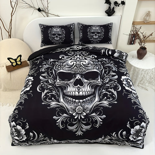 Skull Duvet Cover Set Queen King Twin Full – Gothic Victorian Baroque Black White Halloween Bedding 3-Piece Set with 2 Pillowcases, High Definition Print, Soft Microfiber