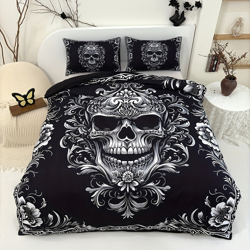 Skull Duvet Cover Set Queen King Twin Full – Gothic Victorian Baroque Black White Halloween Bedding 3-Piece Set with 2 Pillowcases, High Definition Print, Soft Microfiber