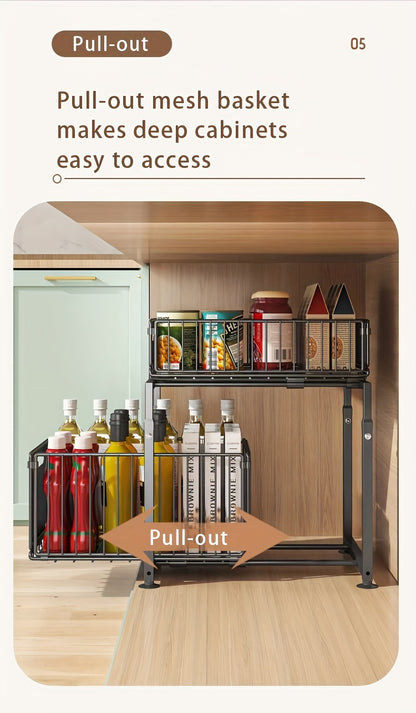 Under Sink Organizer 2-Tier Pull Out Cabinet Shelf with Adjustable Height, Sturdy Carbon Steel Under Sink Storage Rack for Kitchen Bathroom Pantry Cabinet Organization, Space Saving Sliding Drawer