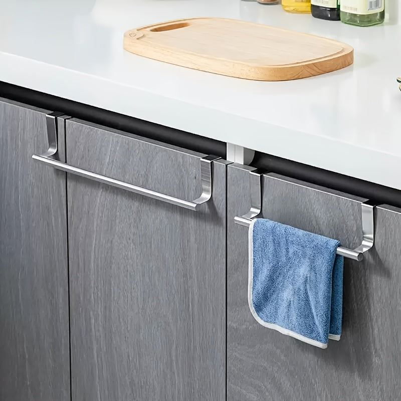 Cabinet Door Towel Bar 2 Pack Stainless Steel Over the Door Hand Towel Hanger – No Drill Dishcloth Rack for Kitchen Bathroom Cupboard Cabinet – Black Silver Towel Holder