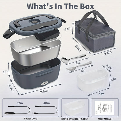Electric Lunch Box Food Warmer 50.72oz - Portable Heated Meal Container 120V Home & 12V 24V Car, Stainless Steel Inner, Leak-Proof, Fork & Insulated Bag Included, Truck Drivers Office Travel Camping