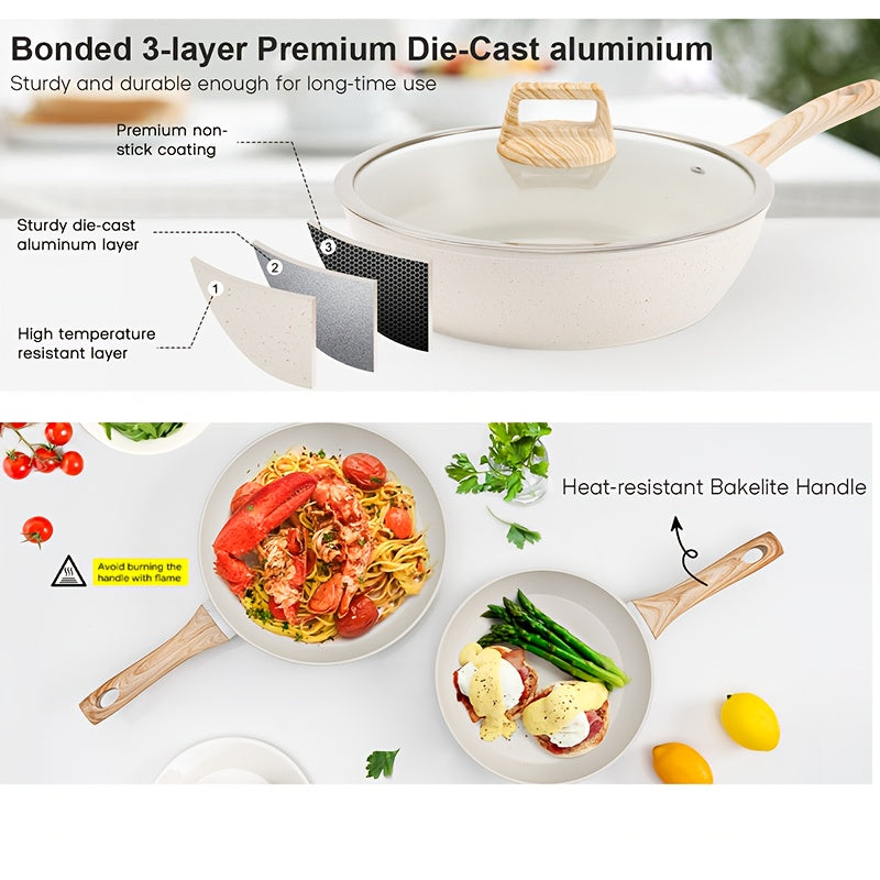 Nonstick Cookware Set 12 Piece - Granite Coated Pots and Pans Set with Frying Pans, Casserole, Saucepan & Lids, Heavy-Duty Induction Compatible Complete Kitchen Cookware Kit, Black
