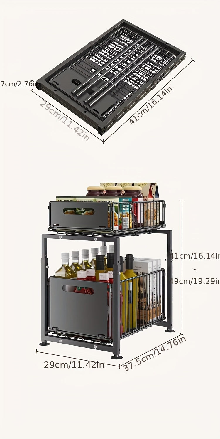 Under Sink Organizer 2-Tier Pull Out Cabinet Shelf with Adjustable Height, Sturdy Carbon Steel Under Sink Storage Rack for Kitchen Bathroom Pantry Cabinet Organization, Space Saving Sliding Drawer