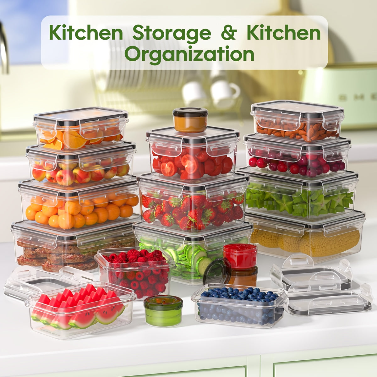 Food Storage Container Set 48 Piece Stackable Leak Proof with Lids 8 Sizes 24 Containers 24 Lids BPA Free Plastic – Airtight Kitchen Pantry Organizer Meal Prep Containers with Labels Black Blue