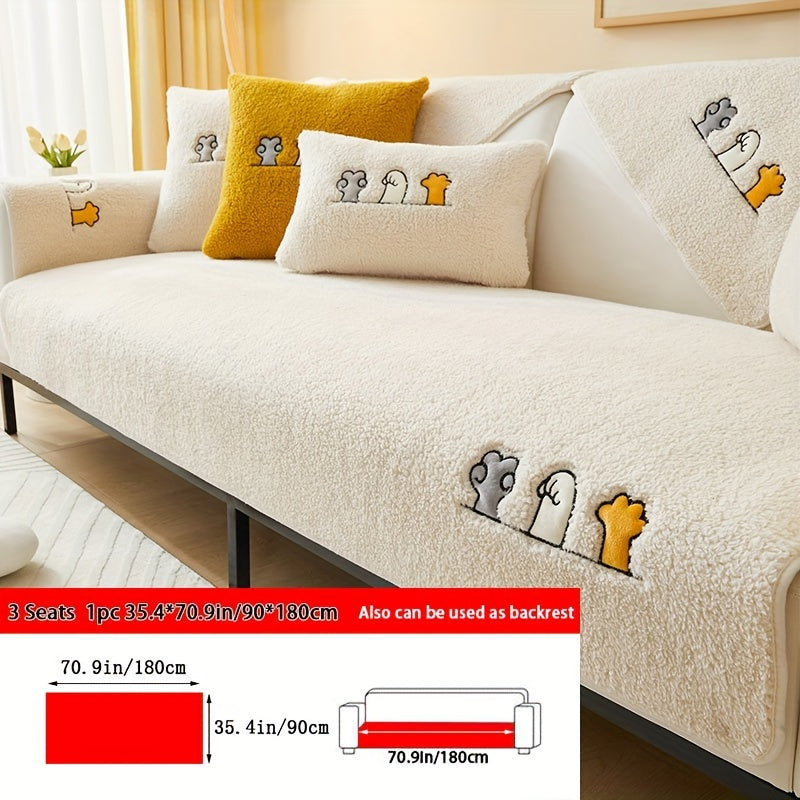 Sofa Cover Plush Shearling Non-Slip Pet-Friendly – Thick Couch Protector with Animal Bone Embroidery for 2 3 4 Seater, Soft Warm Slipcover for Living Room Bedroom Office in Dark Gray Off White Coffee Black