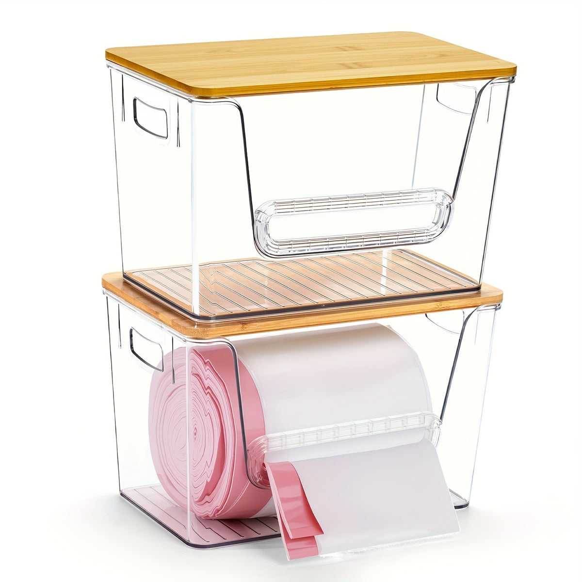 Acrylic Trash Bag Dispenser Stackable with Bamboo Lid, Clear Trash Bag Holder Extra Large, Under Sink Organizer for Kitchen, Laundry Room, Pantry, Holds 13/30/33 Gallon Bags – 1, 2 or 4 Pack