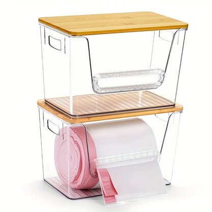 Acrylic Trash Bag Dispenser Stackable with Bamboo Lid, Clear Trash Bag Holder Extra Large, Under Sink Organizer for Kitchen, Laundry Room, Pantry, Holds 13/30/33 Gallon Bags – 1, 2 or 4 Pack