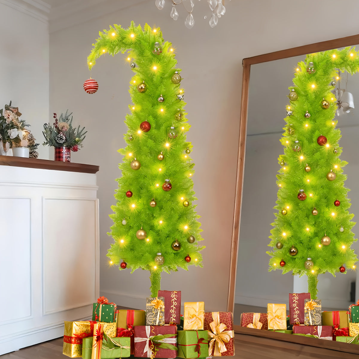 Artificial Christmas Tree 6 Foot with String Lights, Tree Skirt, Christmas Balls & Stand - Bendable Full Xmas Tree Set for Home, Shop Window & Party Decorations, Unique Holiday Decor Indoor Display