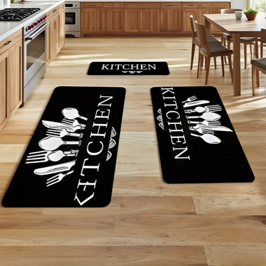 Alphabet Kitchen Mat Set 3 Piece – Knife & Fork Pattern Non-Slip Soft Washable Floor Rugs for Kitchen, Bedroom, Living Room, Dining Room & Bathroom, Decorative Home Accent Mats, Gift Idea