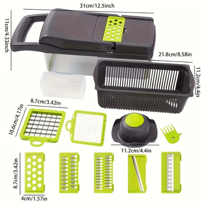 Vegetable Chopper 16-in-1 Manual Food Chopper Set with 8 Stainless Steel Blades, 304 BPA-Free Container, Peeler & Filter – Onion Dicer, Garlic Mincer, Carrot Slicer, Kitchen Meal Prep Tool