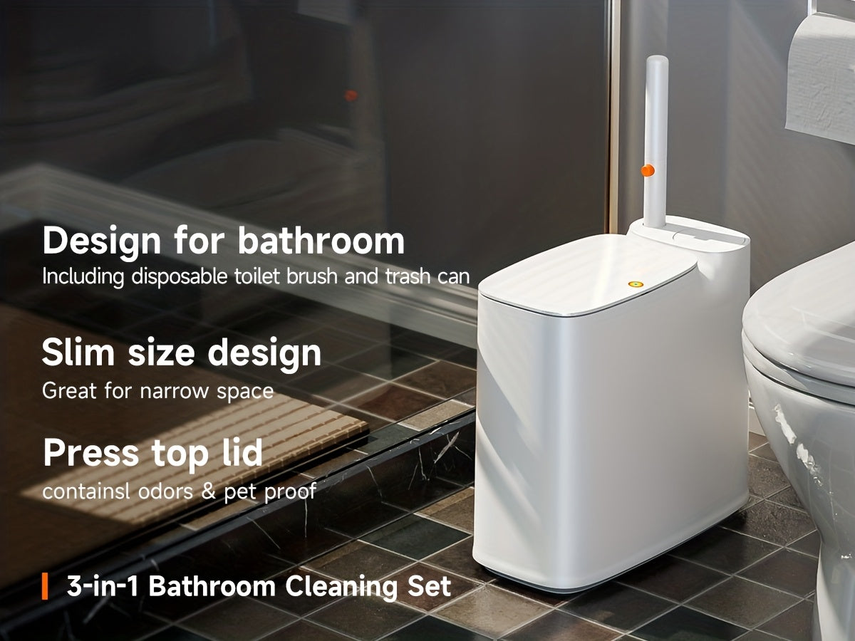 Toilet Brush with Trash Can 2-in-1 Bathroom Set - Slim 7.7L Waste Bin with Disposable Brush Heads, Space Saving Narrow Bathroom Trash Can with Lid for Small Bathroom RV Apartment