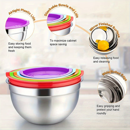 Nesting Stainless Steel Mixing Bowls with Sealed Lids 7pcs Set 0.7 to 4.5Qt Rust Proof Dishwasher Safe Stackable Bowls for Cooking Baking Salad Serving