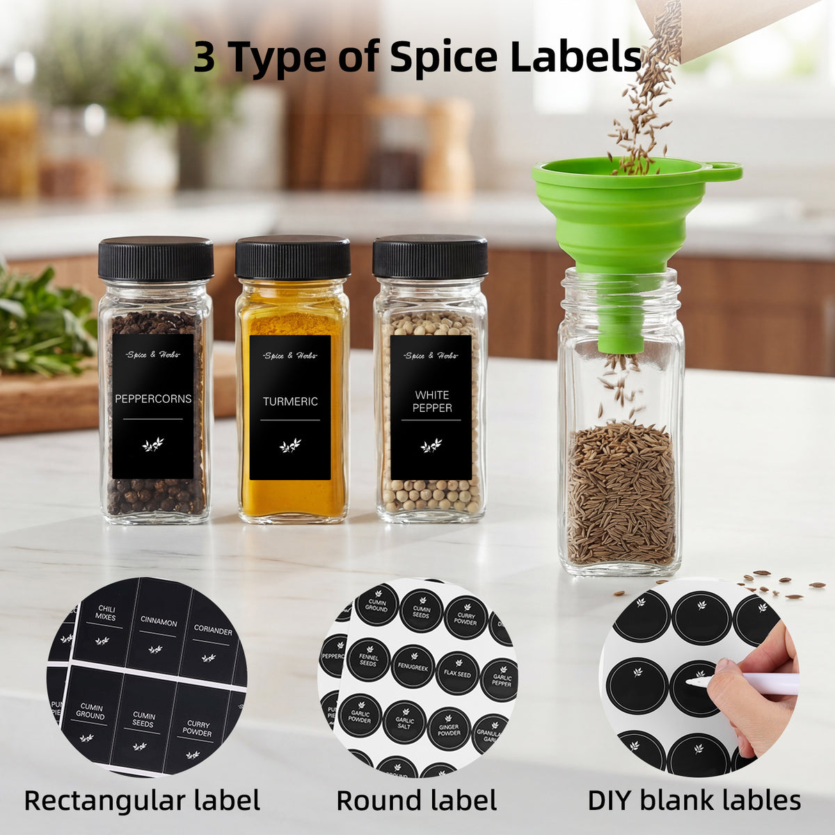 Glass Spice Jars Set with Labels and Shaker Lids, 4oz Square Airtight Seasoning Bottles with Collapsible Funnel Brush and Marker, BPA-Free Kitchen Spice Organizer for Rack Drawer Cabinet, 16/24/36/48 Pack