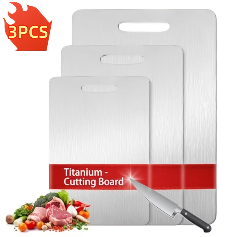 Titanium Cutting Board Set of 3 - Heavy-Duty Rust-Resistant BPA-Free Kitchen Prep Boards with Hook Handles & Rounded Edges, Space-Saving Design for Meat, Vegetables & Fruits, Home & BBQ