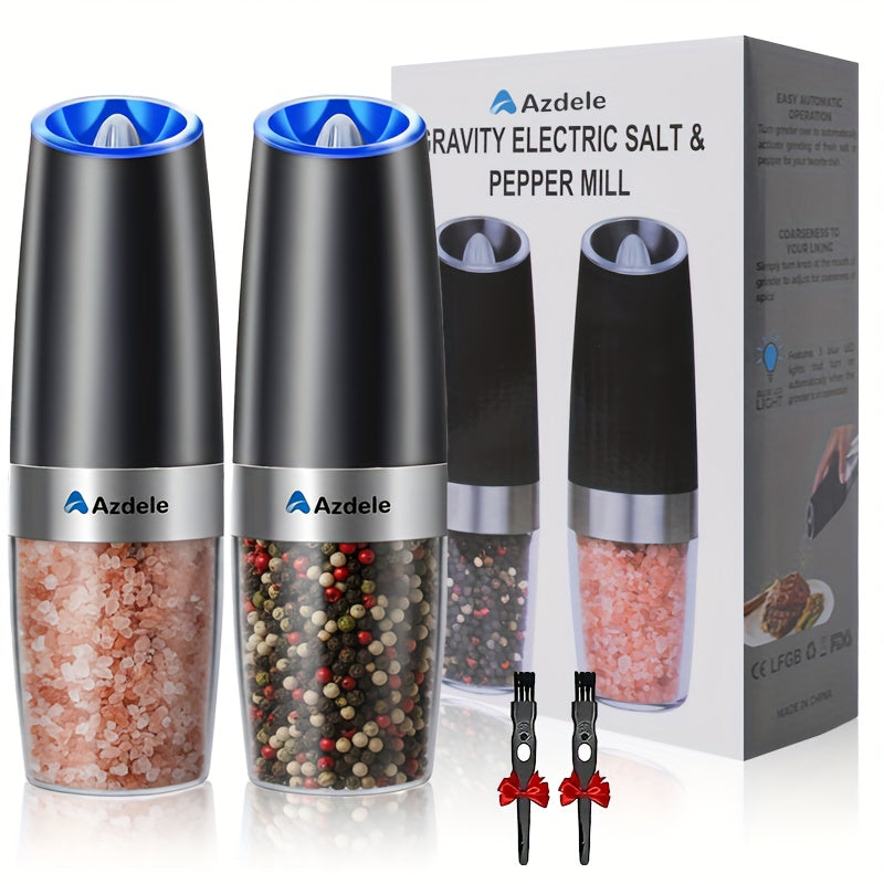 Electric Salt and Pepper Grinder Set 2-Pack – Gravity-Sensing Battery-Powered One-Hand Operation LED Light Adjustable Coarseness Black Kitchen Gadget Gift