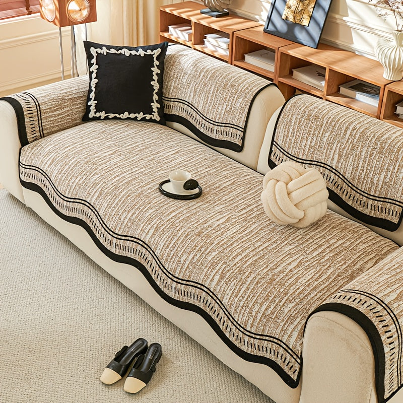 Chenille Sofa Cover Cushion 2 3 4 Seater Non-Slip Anti-Scratch Couch Protector, Premium Minimalist Sofa Slipcover All Season Universal Fit for Living Room Bedroom, Black Grey Beige Coffee