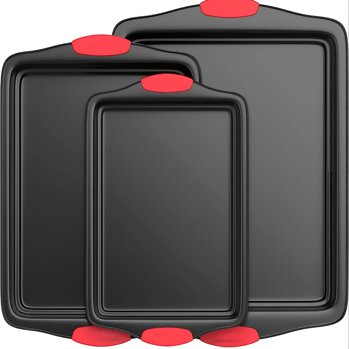 Nonstick Baking Pan Set 3 or 9 Piece – Carbon Steel Sheet Pans Oven Safe with Red Silicone Handles for Home Baking