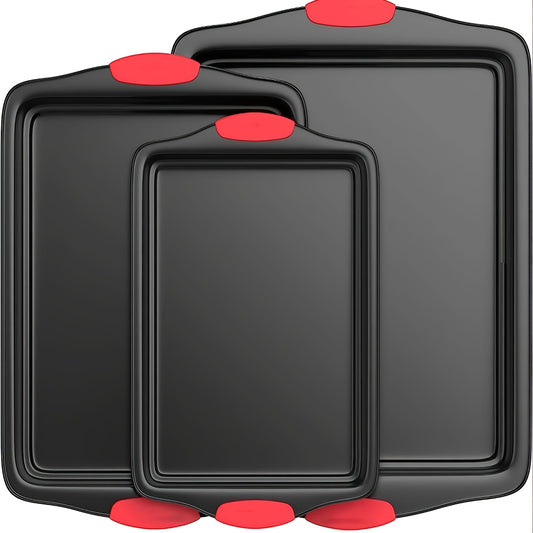 Nonstick Baking Pan Set 3 or 9 Piece – Carbon Steel Sheet Pans Oven Safe with Red Silicone Handles for Home Baking