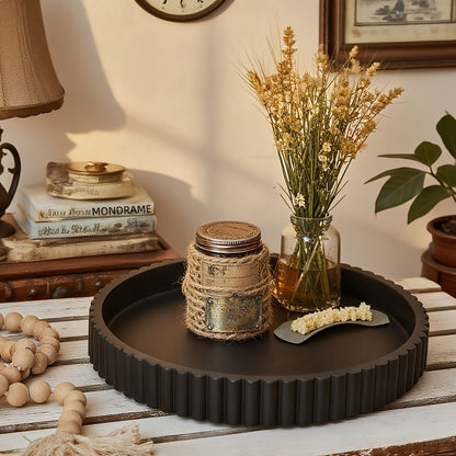 Decorative Wood Tray for Coffee Table & Living Room – 11" Round Fluted Serving Tray, Ottoman Centerpiece, Jewelry Organizer, Home Decor Gift