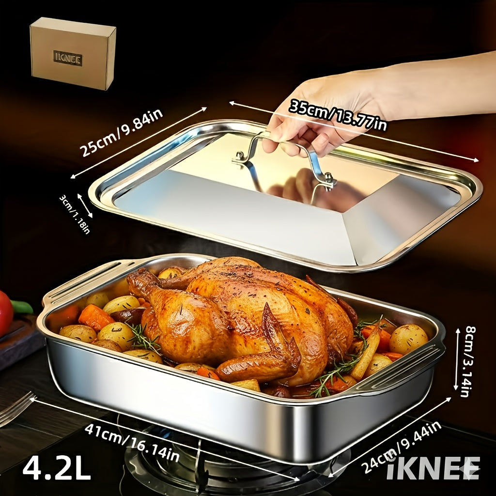 Stainless Steel Roasting Pan Set 4pcs with Lids – 6L Large Capacity 16-Inch Deep Baking Pans for Turkey Lasagna Fish Chicken, Dishwasher Safe, Thanksgiving Christmas Gift