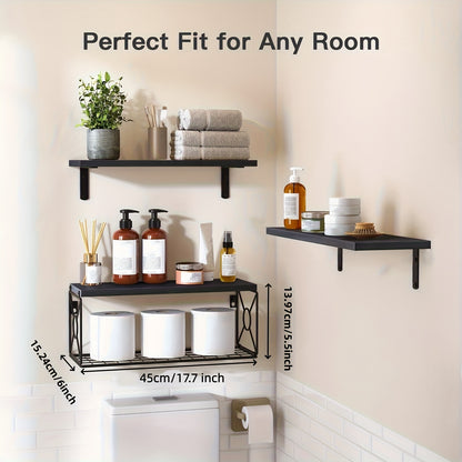 Floating Shelves Over Toilet 3 Piece Set | Wall Mounted Bathroom Storage Shelf with Toilet Paper Holder, Farmhouse Wood & Metal Organizer, Black & Brown