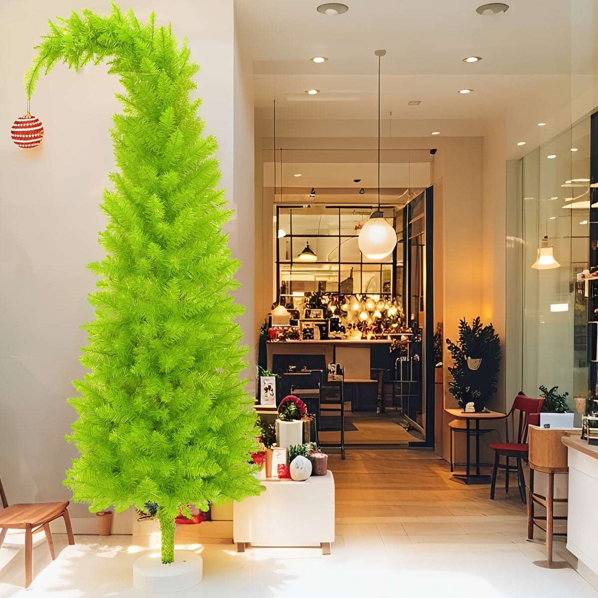 Artificial Christmas Tree 6 Foot with String Lights, Tree Skirt, Christmas Balls & Stand - Bendable Full Xmas Tree Set for Home, Shop Window & Party Decorations, Unique Holiday Decor Indoor Display