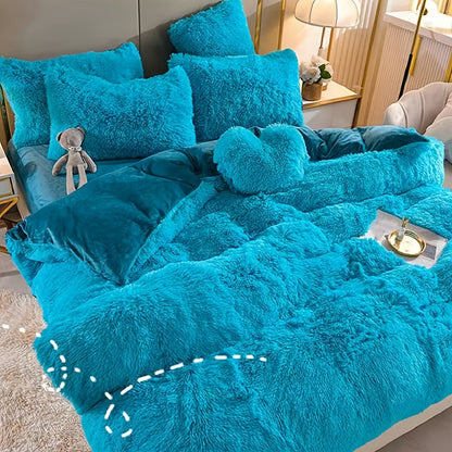 Fluffy Duvet Cover Set 4 Piece Queen King, Soft Plush Comforter Cover with 2 Pillow Shams All Season Cozy Bedding Set No Insert, in Purple Red Pink Gray Yellow Blue Beige Black